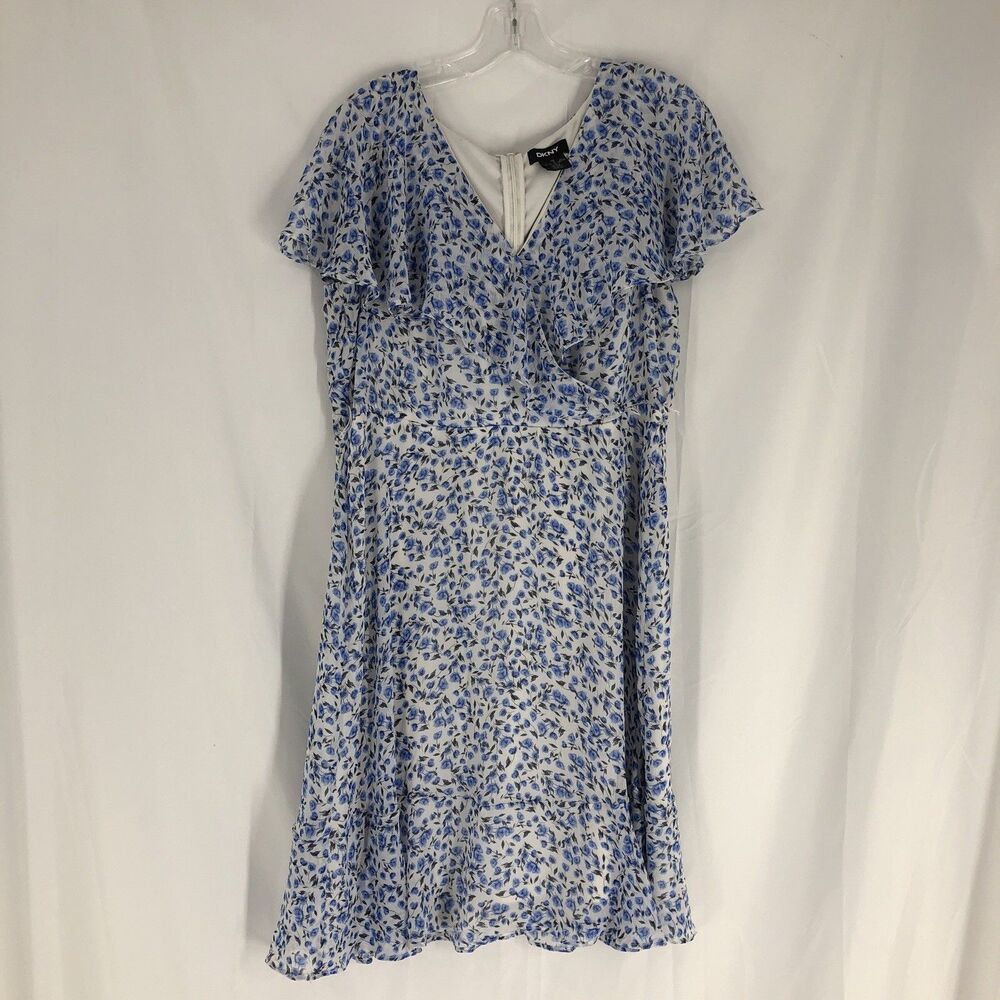 DKNY White Blue Floral Chiffon Ruffle Neck Short Sleeve Midi Dress Size 16